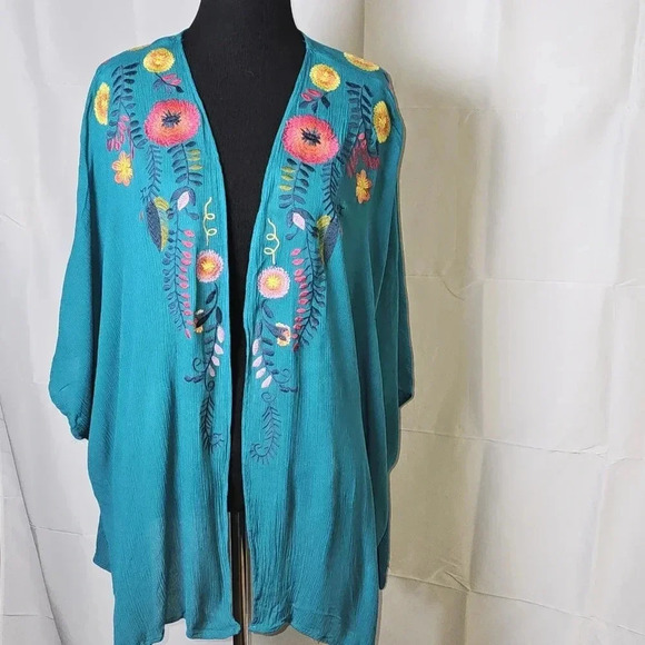 SOLD Umgee Blue Floral Embroidered Bohemian Open Kimono Sz S/M - Picture 2 of 8